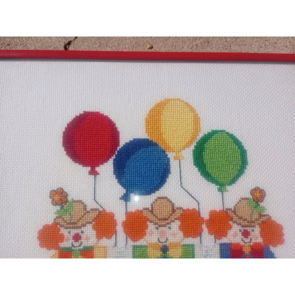 Vintage 70s Cross-stitch Clown Balloon Red‎ Frame 10x9 Wall Art